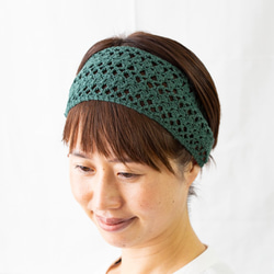 リネンとコットンで頭を優しく包む、透かし編みのヘアバンド。長さ調節可。色：茶・緑・黒・桃・白・水 9枚目の画像