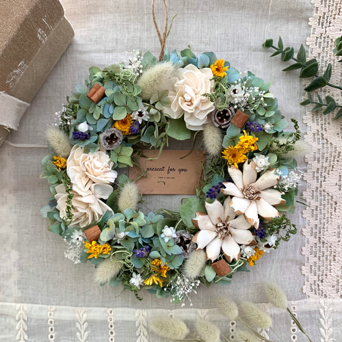 creema限定』秋紫陽花とソラフラワーのドライフラワーリース リース  