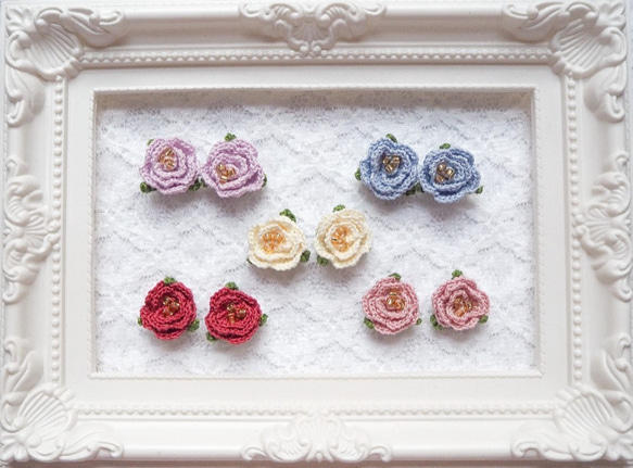 一輪の薔薇(ブルー：全5色) ピアス・イヤリング　かぎ針刺繍 6枚目の画像