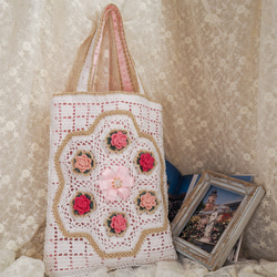 夢のバラのトートバッグ/手提げバッグ(ピンク) かぎ針刺繍 1枚目の画像