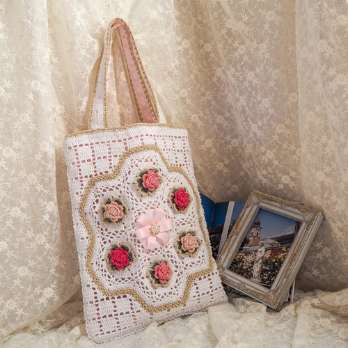 夢のバラのトートバッグ/手提げバッグ(ピンク) かぎ針刺繍