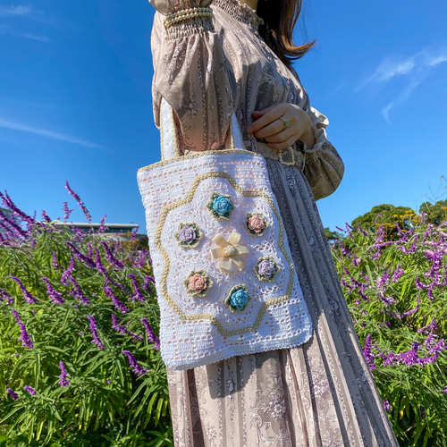 ❤ゆめ❤ ハンドメイド バッグ トート 夢のバラのトートバッグ/手提げバッグ(寒色) かぎ針刺繍 トート