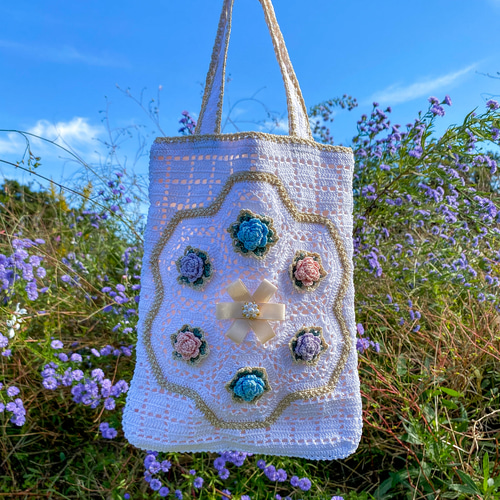 夢のバラのトートバッグ/手提げバッグ(寒色) かぎ針刺繍 トート