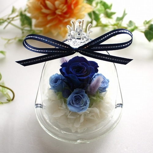王冠サムシングブルー青クラウン【プリザーブドフラワー】ガラスドーム