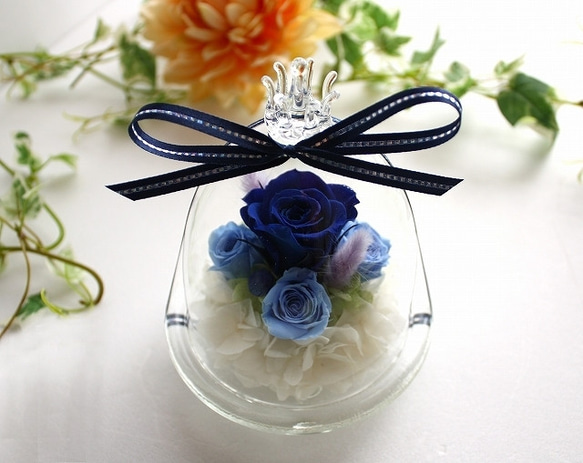 プリザーブドフラワー ガラスドーム ローズメリア 3輪 ブルー 青