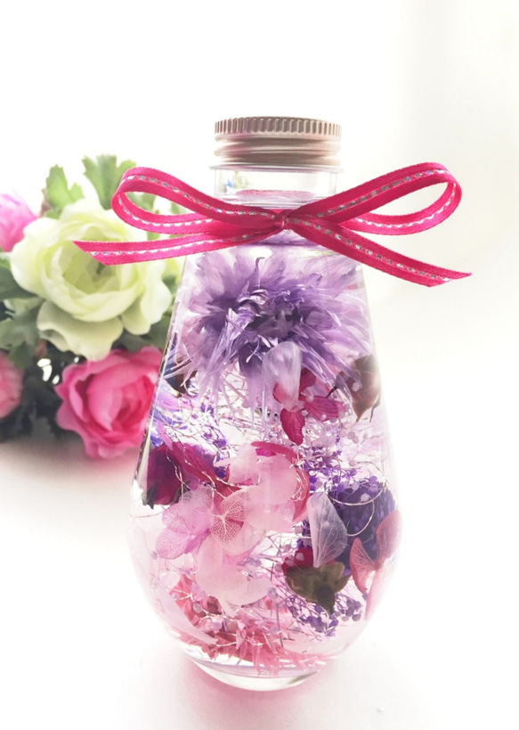 ハーバリウム プリザーブドフラワー 紫 ピンク ドライフラワー お供え 仏花 ペット供養 誕生日 セール 激安 2枚目の画像