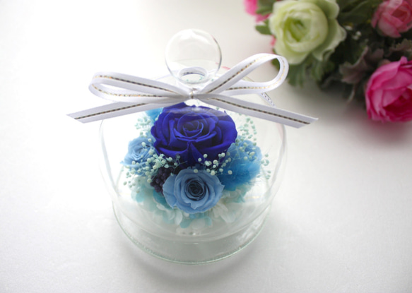 プリザーブドフラワー ガラスドーム ブルー 結婚式 ブリザードフラワー 花 プリザ ばら お供え ペット供養 4枚目の画像