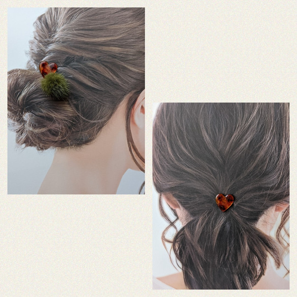 ２way　ファーがかわいいべっこう柄のハートヘアゴム 1枚目の画像