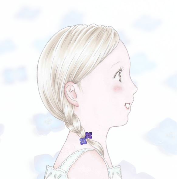 リンクコーデ　初夏の紫陽花　女の子のヘアゴム（4本） ピアスのセット 5枚目の画像