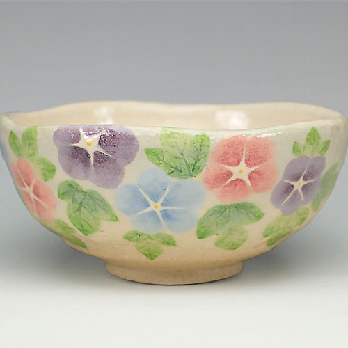 朝顔の絵 平茶碗 夏用 抹茶碗 楽焼 手描き 茶碗・めし碗 楽入