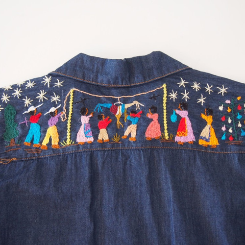 デニムジャケット　メキシコ刺繍 メキシコ刺繍デニムシャツ【ミチョアカン刺繍 ピニャータ割りM