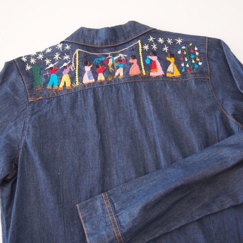 メキシコ刺繍デニムシャツ【ミチョアカン刺繍 ピニャータ割りM