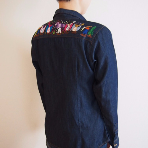 メキシコ刺繍デニムシャツ【ミチョアカン刺繍 ピニャータ割りM