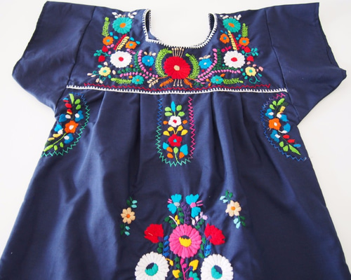 夏物セール中★メキシカンワンピース　メキシカンワンピ　ネイビー　メキシコ　刺繍 メキシカンワンピース メキシカンワンピ ネイビー メキシコ 刺繍