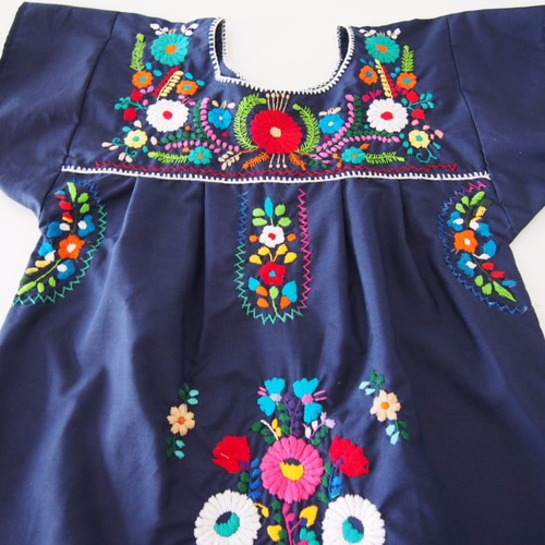 メキシコ刺繍ワンピース【プエブラ刺繍 ネイビーXマルチカラー