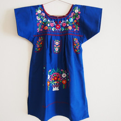 メキシコ刺繍KIDSワンピース【プエブラ刺繍 ブルー 90-110