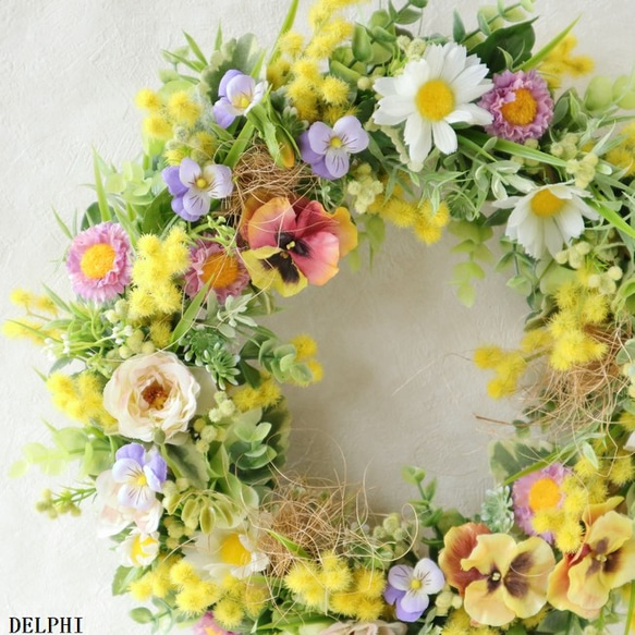 ミモザと春の小花のガーデンリース【アーティフィシャルフラワー】スプリングリース 2枚目の画像