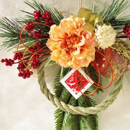 稲穂しめ縄リース02（ダリアOr・迎春）【迎春・お正月・しめ縄  