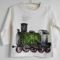 長袖・手描きキッズTシャツ・蒸気機関車・可愛い系機関車・名前入れ 1枚目の画像