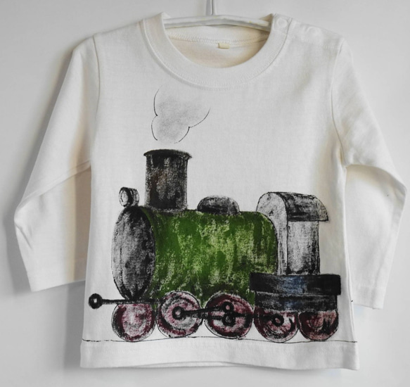 長袖・手描きキッズTシャツ・蒸気機関車・可愛い系機関車・名前入れ 1枚目の画像