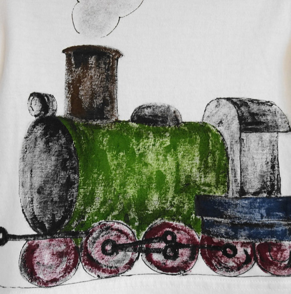 長袖・手描きキッズTシャツ・蒸気機関車・可愛い系機関車・名前入れ 3枚目の画像