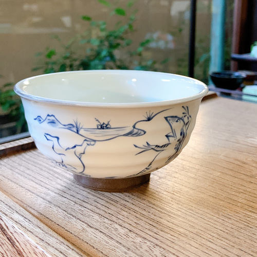 染付 鳥獣戯画 茶碗 5つ＋小皿5枚＋煎茶碗５つ 染付鳥羽絵鳥獣戯画 煎茶碗揃え - 京焼清水焼 松韻堂