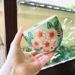 清水焼 小鉢(大) 八重桜-グリーン地 9枚目の画像