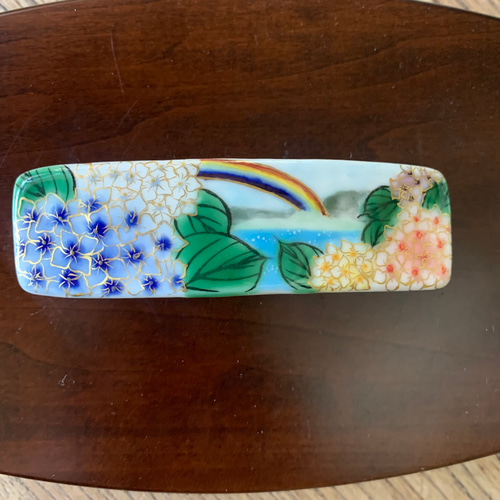 京焼・清水焼 色絵 バレッタ(紫陽花と虹 - 長方形) バレッタ 京焼 