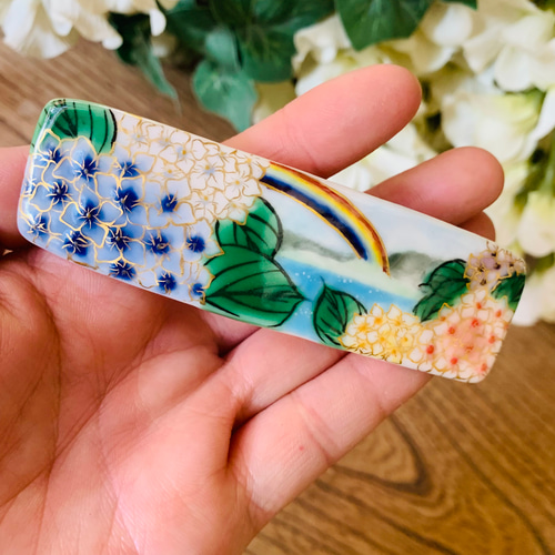 京焼・清水焼 色絵 バレッタ(紫陽花と虹 - 長方形) バレッタ 京焼 