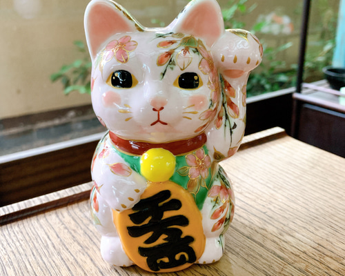 京焼・清水焼 招き猫(薄桃-枝垂れ桜) 招き猫 京焼・清水焼窯元 陶あん