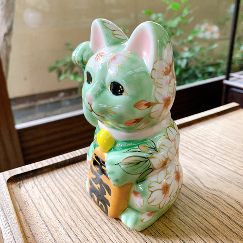 京焼・清水焼 招き猫(グリン地-桜) 招き猫 京焼・清水焼窯元 陶あん
