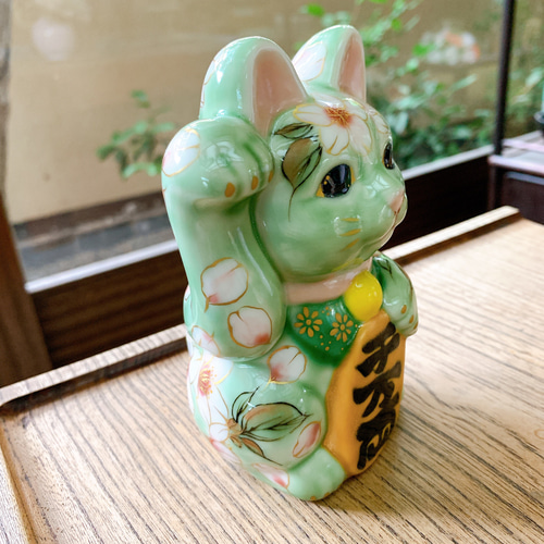京焼・清水焼 招き猫(グリン地-桜) 招き猫 京焼・清水焼窯元 陶あん