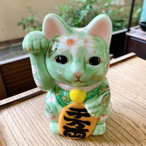 京焼・清水焼 招き猫(グリン地-桜) 招き猫 京焼・清水焼窯元 陶あん