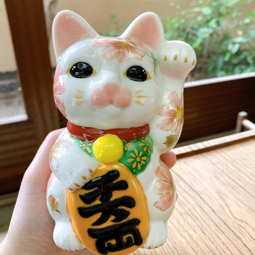 京焼・清水焼 招き猫(白地-秋桜) 招き猫 京焼・清水焼窯元 陶