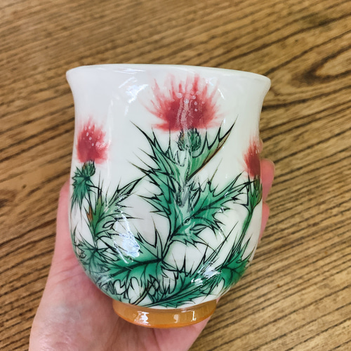 京焼・清水焼 手描き ふくりん湯呑み(大) アザミ(ピンク) 湯呑み 京焼