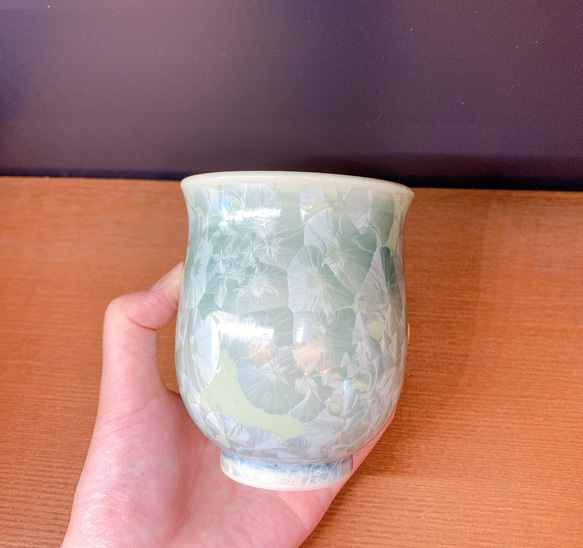 京焼・清水焼 花結晶 ふくりん湯呑み 大(緑) 6枚目の画像
