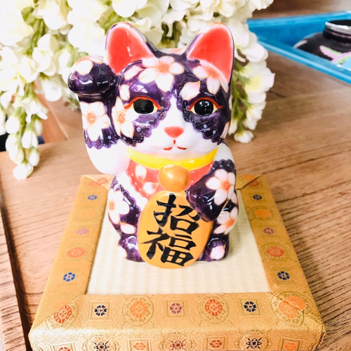 清水焼 招き猫(紫レース) 招き猫 京焼・清水焼窯元 陶あん 通販