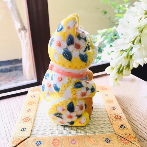 清水焼 招き猫(黄色レース) 招き猫 京焼・清水焼窯元 陶あん 通販