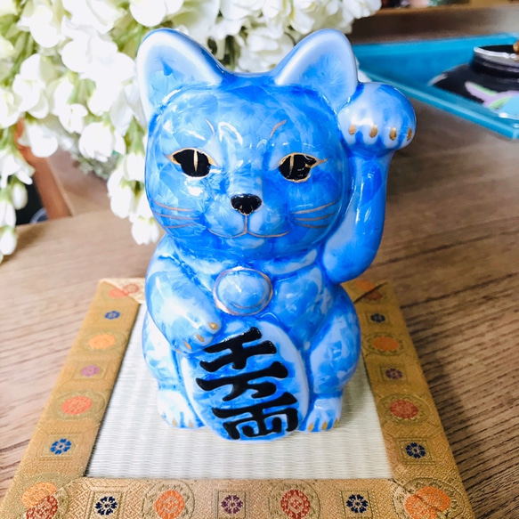 清水焼 花結晶・招き猫(青) 招き猫 京焼・清水焼窯元 陶あん