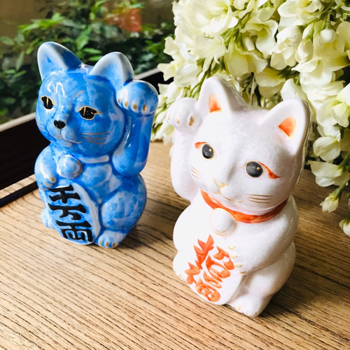清水焼 花結晶・招き猫(青) 招き猫 京焼・清水焼窯元 陶あん