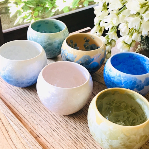 清水焼 花結晶 玉湯呑み(青グラデーション) 湯呑み 京焼・清水焼窯元