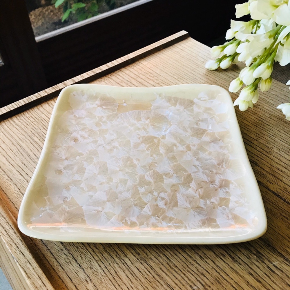 清水焼 花結晶 角平皿 大(ベージュ)