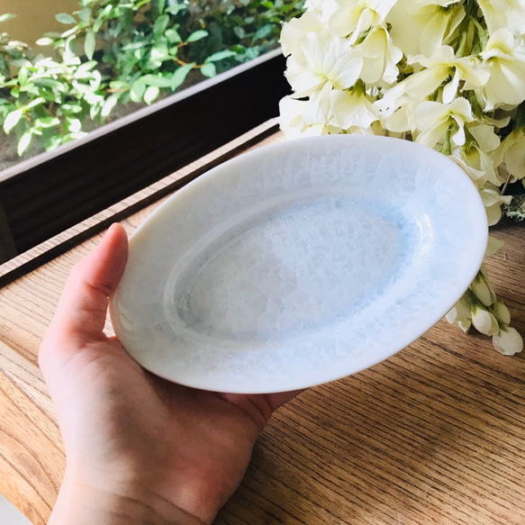 清水焼 花結晶 オーバル皿 小 (白) 5枚目の画像