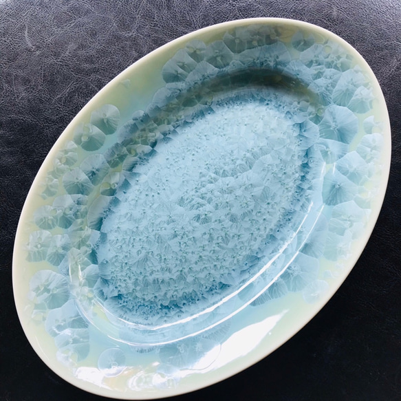 清水焼 花結晶 オーバル皿 大 (グリーン) 3枚目の画像