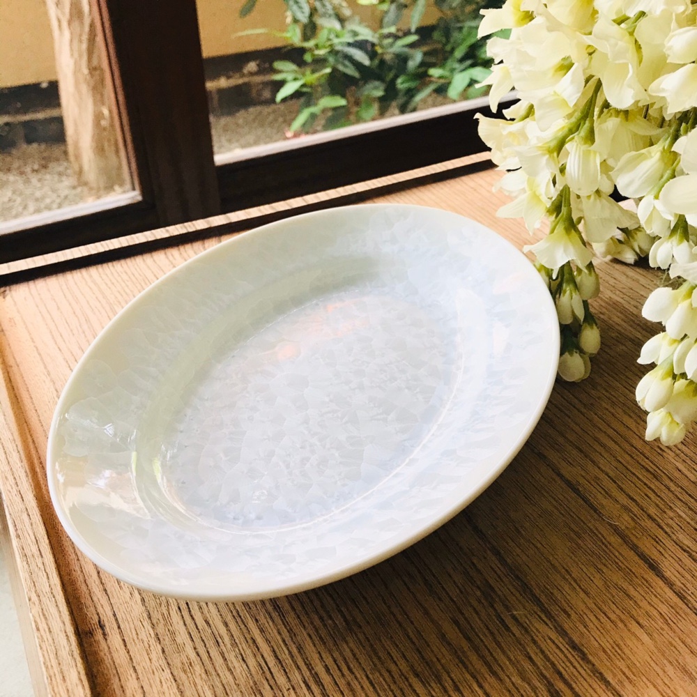 清水焼 花結晶 オーバル皿 大 (白)