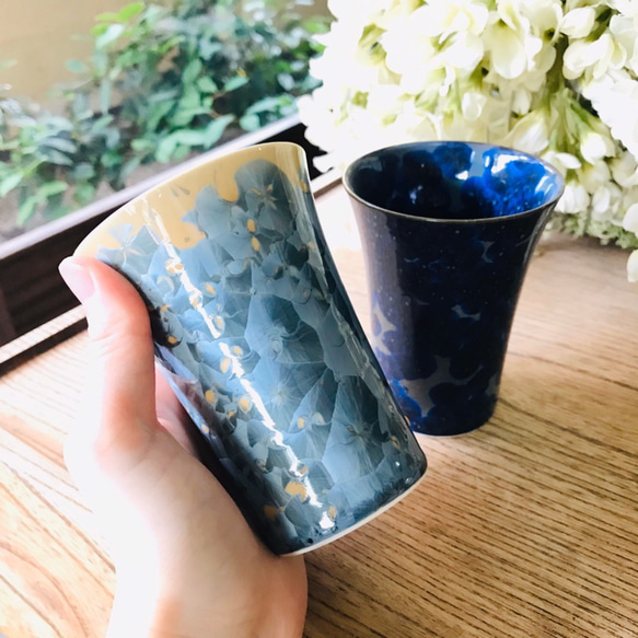 【特別セット価格】京焼・花結晶 フリーカップ(灰青＋青墨) 3枚目の画像