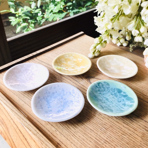 特別セット価格】京焼・花結晶 丸豆皿5枚セット(ピンク,薄紫,グリーン 