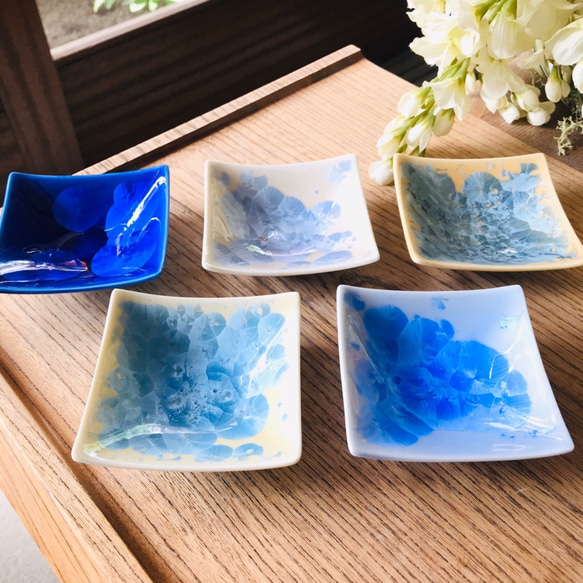 【特別セット価格】京焼・花結晶 角豆皿5枚セット(青,瑠璃,銀藤,縹,灰青) 1枚目の画像