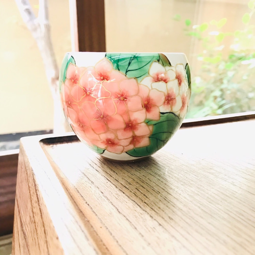 京焼・清水焼 陶あん】玉湯呑み 紫陽花(ピンク) 湯呑み 京焼・清水焼