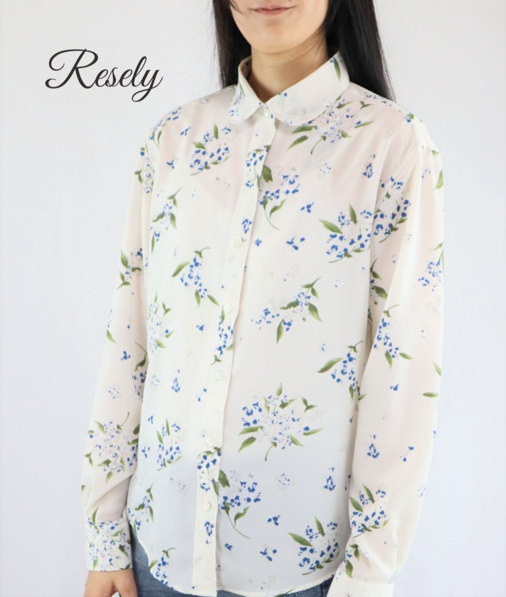 SS～5L選べる8サイズ　シャツブラウス　花柄プリント　whiteVer.
